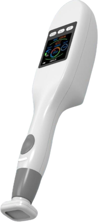A sleek handheld jet plasma device for skin tightening treatment featuring a digital display and control buttons.